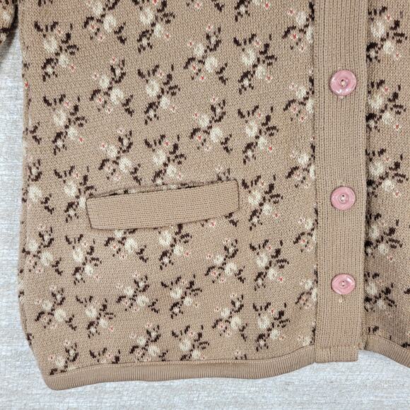 Vintage Floral Thick Knit Cardigan Womens L Mauve Tan Button Front Sweater - Picture 8 of 16